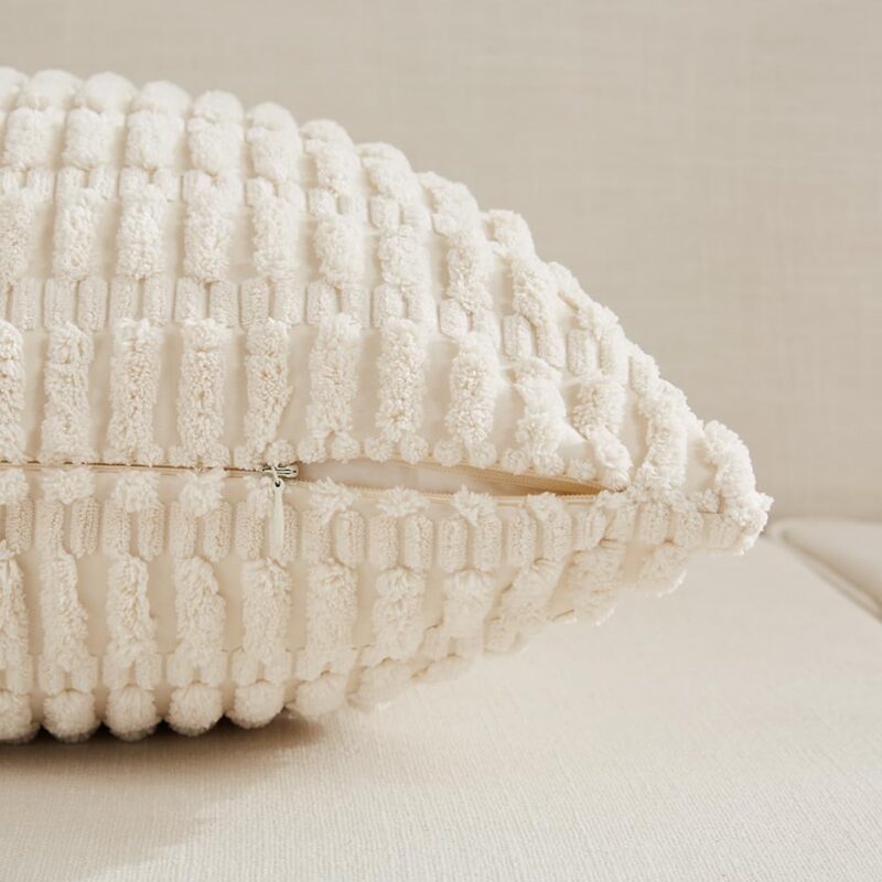 Fancy Homi 4 Packs Neutral Decorative Throw Pillow Covers 18x18 Inch for Living Room Couch Bed Sofa, Rustic Farmhouse Boho Home Decor, Soft Plush Striped Corduroy Square Cushion Case 45x45 cm - Image 3