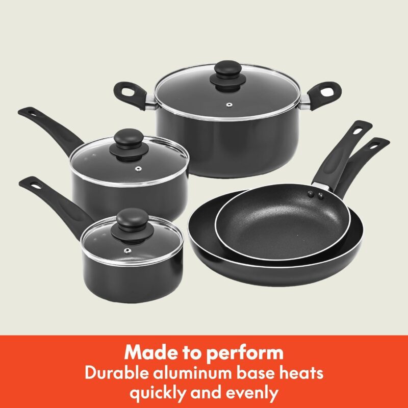 bella Cookware Set, 12 Piece Pots and Pans with Utensils, Nonstick PFOA Free Scratch Resistant Cooking Surface Compatible with All Stoves, Nylon and Aluminum, Black - Image 5