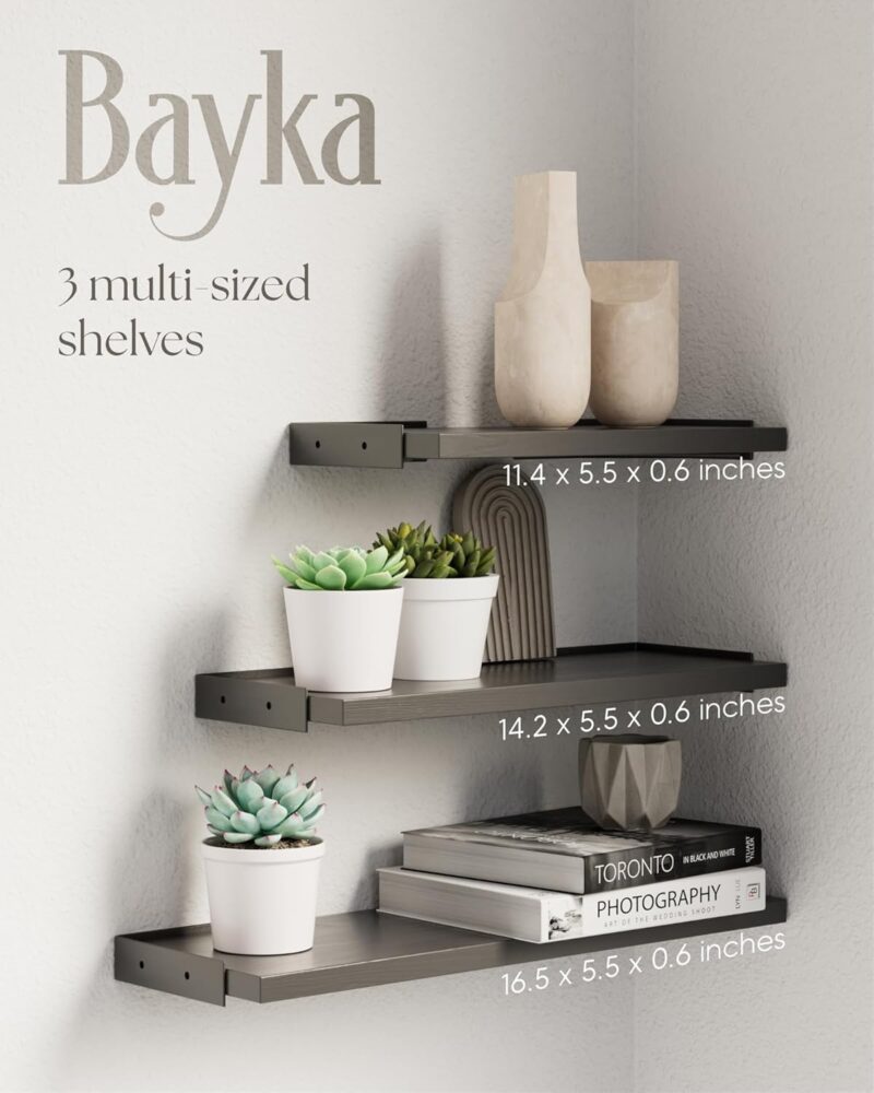 BAYKA Wall Shelves for Bedroom Decor, Floating Wall Shelves for Living Room Kitchen Storage, Wall Mounted Rustic Wood Floating Shelves for Kids Books, Corner Shelves for Bathroom, Office(Set of 3) - Image 3