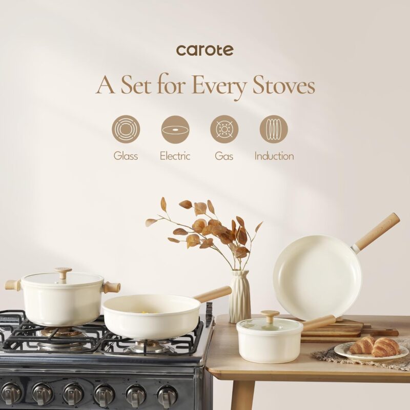 CAROTE Ceramic Pots and Pans Set Non Stick, Non-Toxic Cookwares, Healthy Ceramic Cookware Set 7Pcs，PFAS/PFOA Free，Kitchen Induction Cooking Sets Dishwasher Safe, Cream White - Image 7