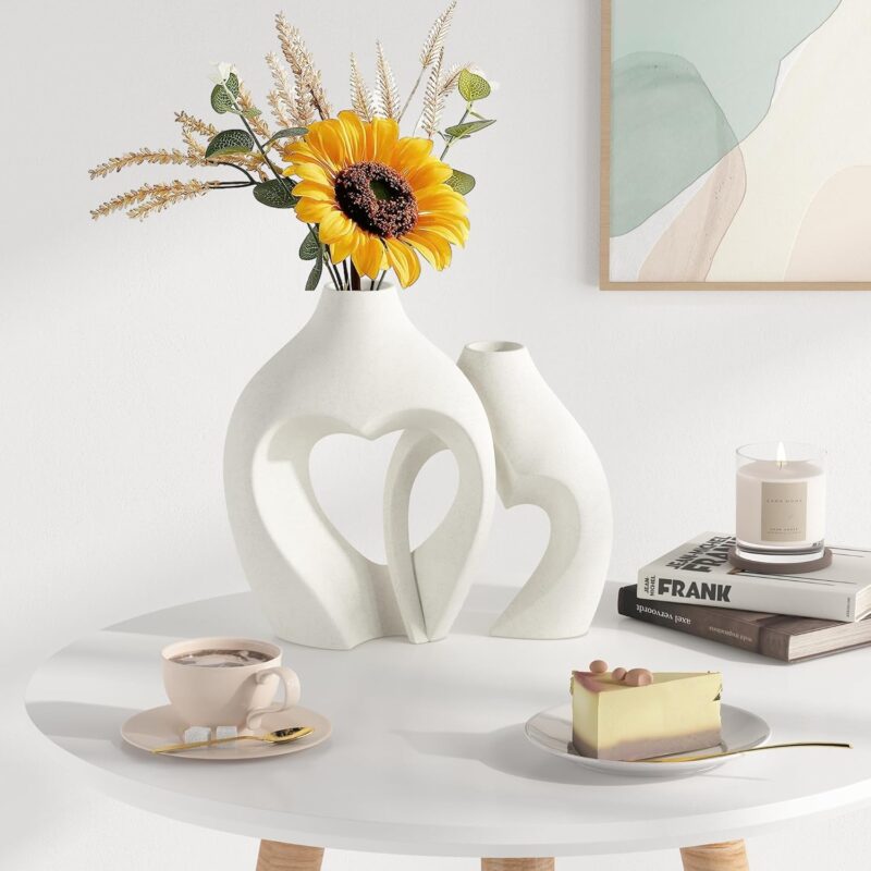 White Vases for Decor, Heart Shaped Ceramic Vase Set of 2, Nordic Heart Shaped Vases, Minimalist Decorative Vase for Table Centerpiece Wedding Dining Living Room Office House Decoration - Image 6