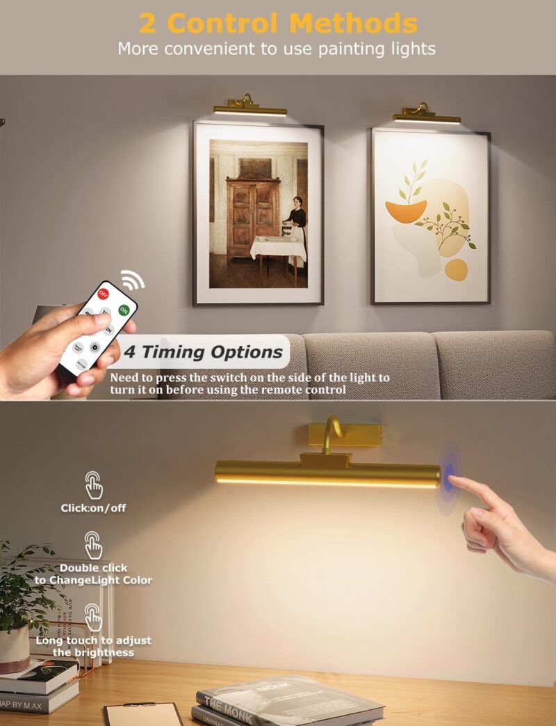 Picture Light Battery Operated, 13in Wireless Art Light for Paintings, Dimmable 5000mAh Recharging Battery Picture Light with Remote Control for Wall, Gallery Dartboard Art Bedroom (Gold-2Pack) - Image 3