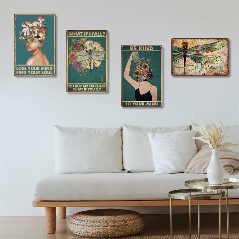 Fmcmly Be Kind to Your Mind Vintage Tin Signs Hippie Boho Wall Art Encouragement Gifts for Women Home Office Bedroom Living Room Cafes Wall Decor 8x12 Inch - Image 4