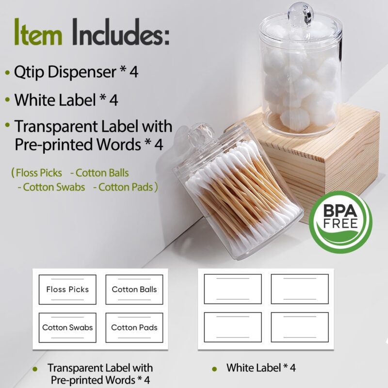 4 Pack Acrylic Qtip Holder Dispenser for Cotton Swabs, Balls, Pads, Floss Picks- Small Clear Plastic Canister Apothecary Jar Set, Bathroom Essentials Accessories Decor, Vanity Makeup Storage Organizer - Image 2