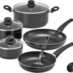 bella Cookware Set, 12 Piece Pots and Pans with Utensils, Nonstick PFOA Free Scratch Resistant Cooking Surface Compatible with All Stoves, Nylon and Aluminum, Black