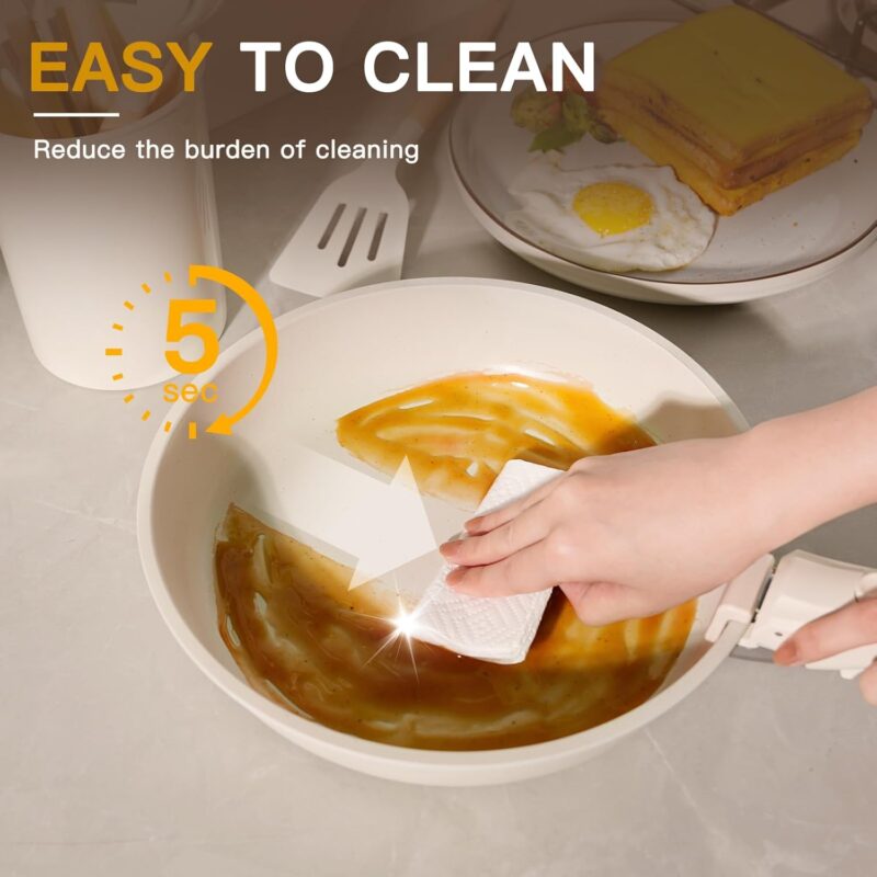 Astercook 23 Pcs Pots and Pans Set Non Stick, Ceramic Cookware Set Detachable Handle, RV Kitchen Cooking Set Removable Handles, Oven Safe, Induction Ready, Stackable Non-stick Set, Cream White - Image 5