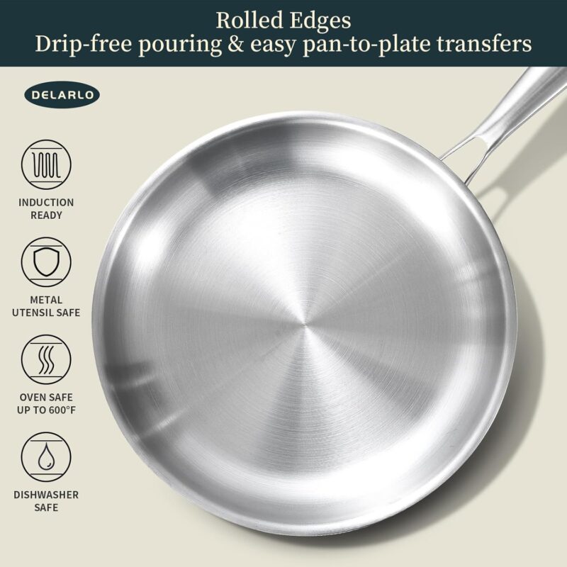 DELARLO Whole Body Tri-Ply Stainless Steel Frying Pan set, 8”/10”/12” Cooking pans, Kitchen Cookware Set, Fast Heating Chef's pan with Ergonomic Handles, Suitable for All Stove - Image 5