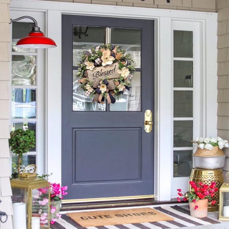 Spring Summer Wreath for Front Door,Farmhouse Magnolia Porch Decoration,Front Door Hanger,Housewarming Gift, Buffalo Plaid Year Round Wreath,Summer Home Decor - Image 4