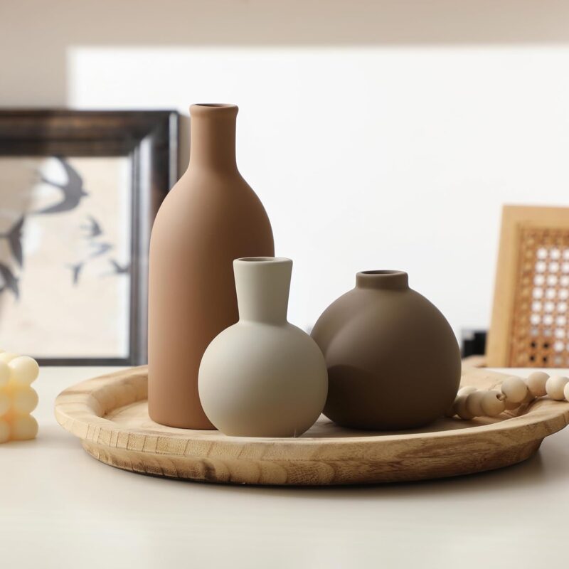 Ceramic Vase Set of 3, Vases Home Decor Rustic Farmhouse Decorative Vase Pottery Vases for Bouquet Pampas Grass Dried Fresh Flowers, Table Living Room Kitchen Bedroom Bathroom - Brown - Image 6