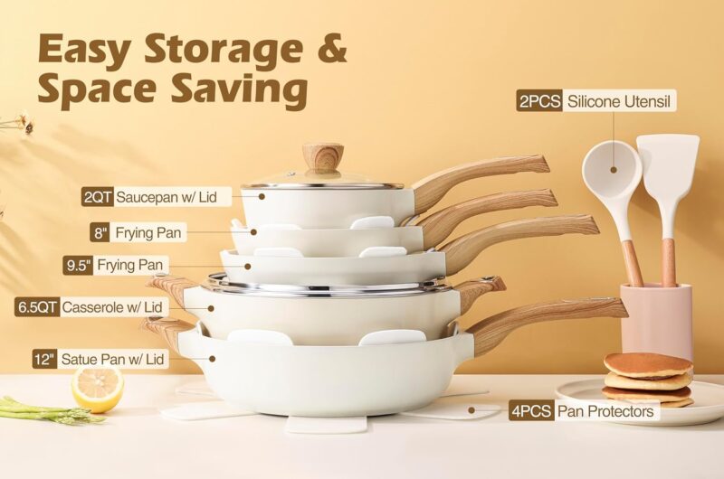 SENSARTE Ceramic Cookware Sets, Pots and Pans Set Nonstick, 14-Piece Induction Cookware, Non-toxic Healthy Non Stick Kitchen Cooking Set, with Frying Pans Set, PFAS PTFE PFOA PFOS Free - Image 3