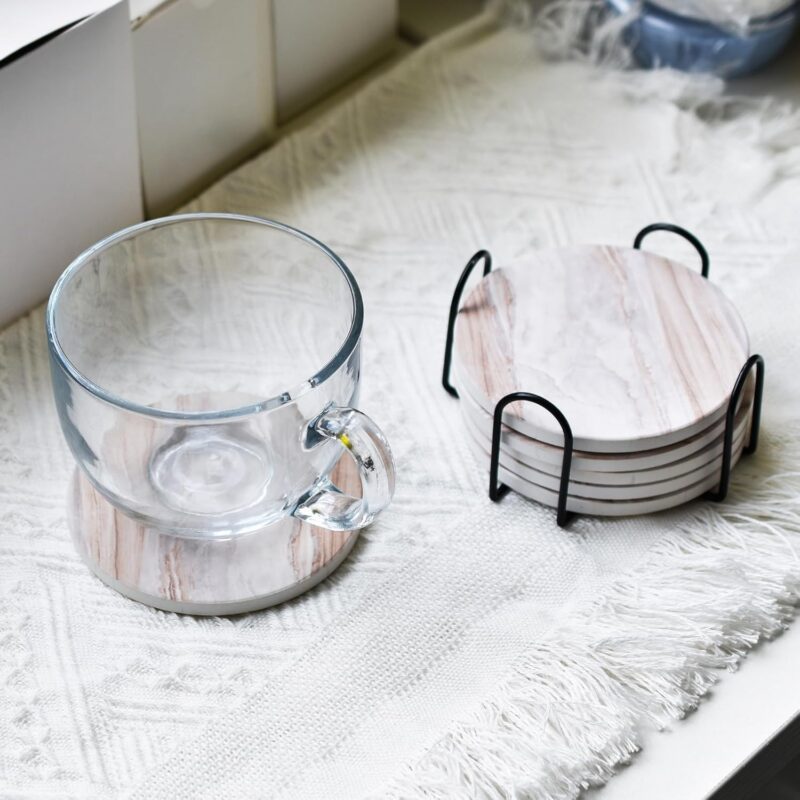 6Pcs Drink Coasters with Holder, Marble Style Ceramic Drink Coaster, Absorbent Coasters Set Suitable for Kinds of Cups, Modern Style Coasters for Coffee Table, 4 Inches - Image 6