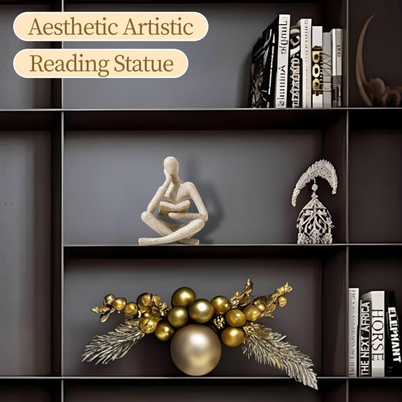 Bookshelf Decor Thinker Statue - Abstract Art Reading Thinker Sculpture Figurine Aesthetic, Modern Home Decoration for Living Room Office Shelves Coffee Table Desk Decor(Beige) - Image 2