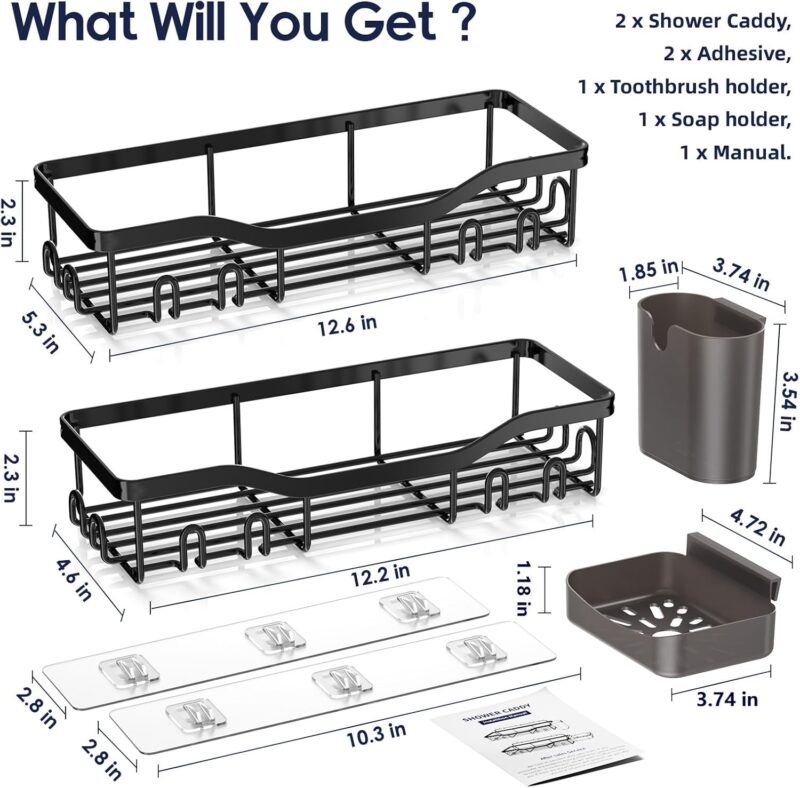 Shower Caddy Adhesive Shower Organizer Rustproof Stainless Steel Bathroom Shelves, Large Capacity No-Drill Rack Storage Accessories with Soap Dish Toothbrush Holder & 16 Hooks Home Decor Black - Image 2