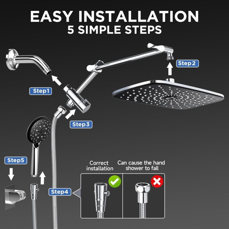 Veken Wide Rain Shower Head with 6 Modes Handheld Water Spray，High Pressure Showerhead Combo with Arm for Bathroom Accessories，Home Decor Adjustable Dual Shower with Anti-Clog Nozzles,Silver Chrome - Image 6