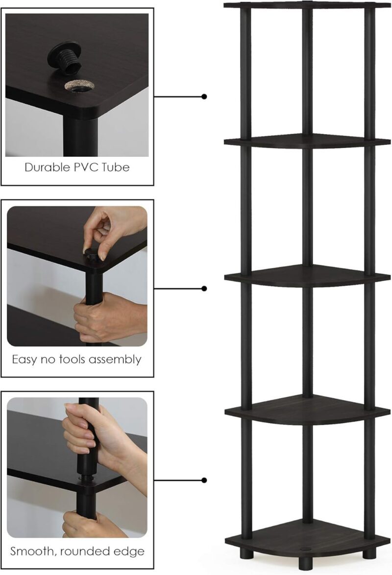 Furinno Turn-N-Tube 5 Tier Corner Display Rack Multipurpose Shelving Unit, 1-Pack, Espresso/Black - Image 6