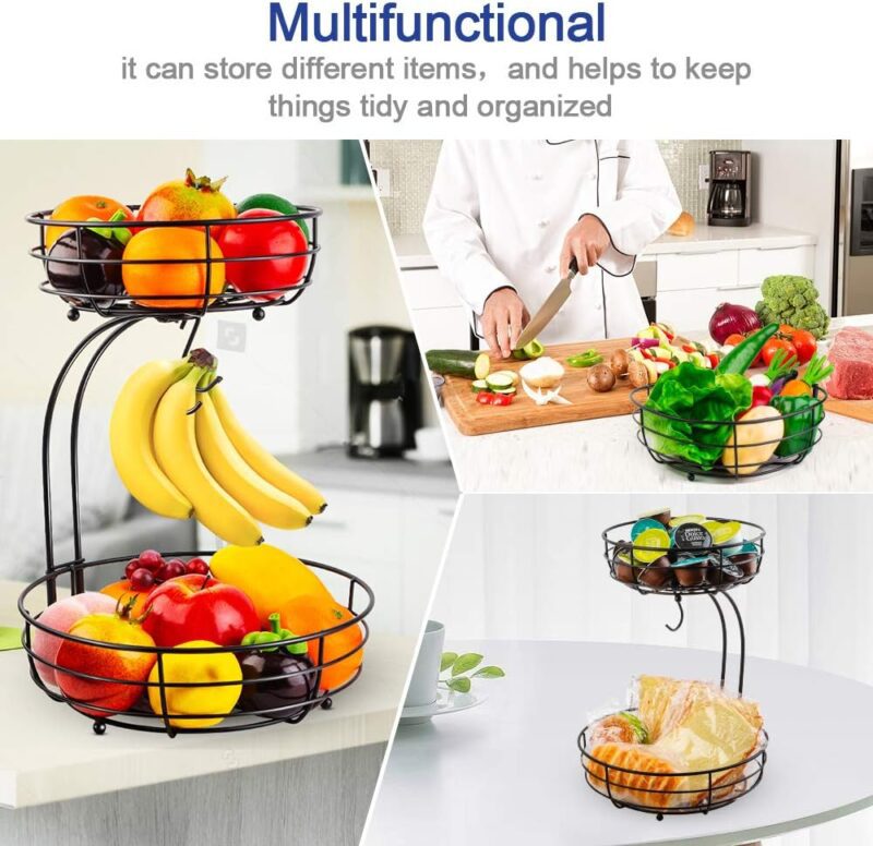 Auledio Iron 2-Tier Countertop Fruit Vegetables Basket Bowl Storage With Banana Hanger, Black, 64 ounces - Image 7