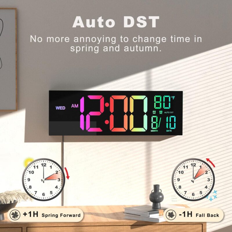 JALL 16" Large Digital Wall Mount Clock, Count Down Timer with Remote, Alarm, Big LED, 8 RGB Color, DST, Temperature for Living Room Classroom Desk, Xmas, Birthday Gift for Senior Men Women Mom Dad - Image 5