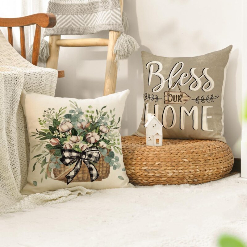 AVOIN colorlife Bless Our Home Farmhouse Eucalyptus Leaves Throw Pillow Covers, 18 x 18 Inch Truck Home Sweet Home Cushion Case Decorations Set of 4 - Image 5