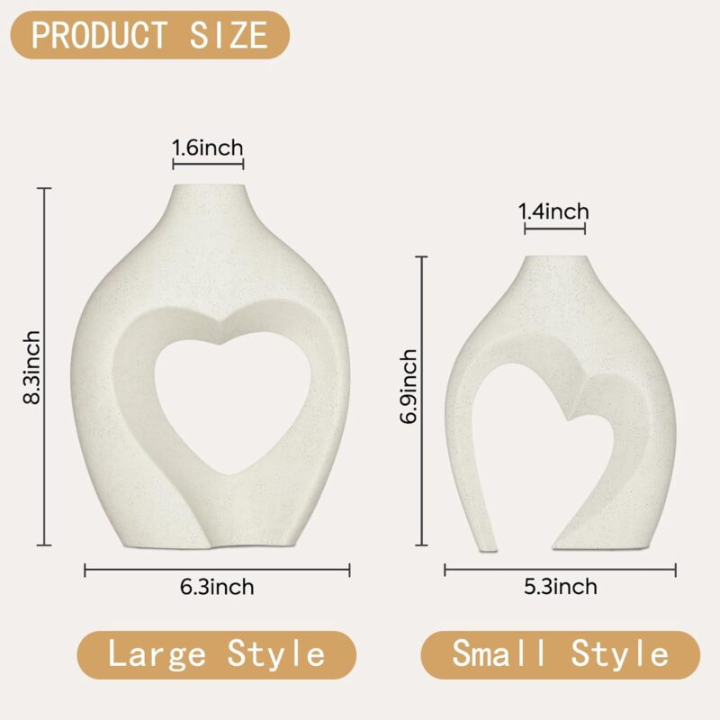 White Vases for Decor, Heart Shaped Ceramic Vase Set of 2, Nordic Heart Shaped Vases, Minimalist Decorative Vase for Table Centerpiece Wedding Dining Living Room Office House Decoration - Image 3