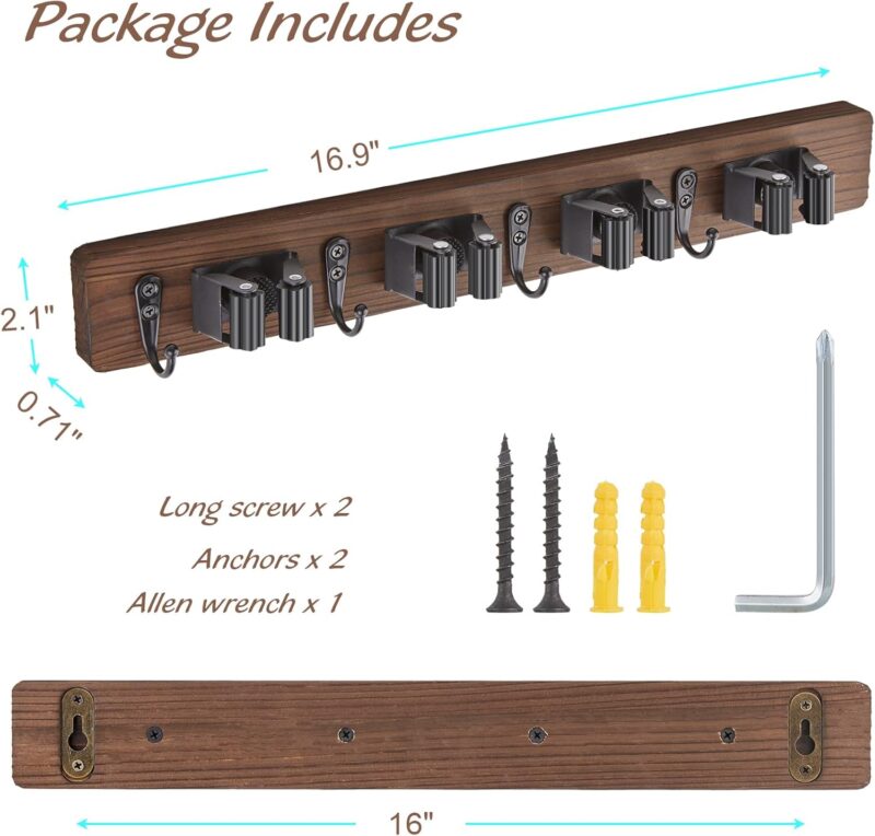 Mop and Broom Holder Wall Mount - Rustic Wood Broom Mop Hanger - Wall Mounted Garden Tool Rack Organizer for Closet Garage Laundry Room Kitchen Decor With 4 Slots & 4 Hooks - Image 6