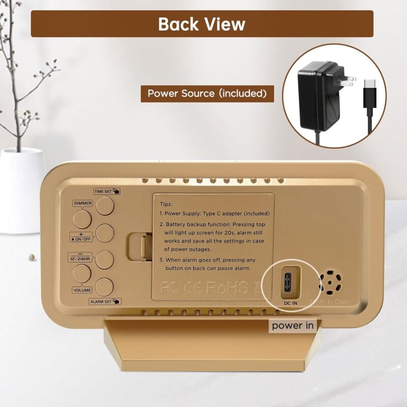 Peakeep Slim Digital Mirror Clock, Aesthetic Alarm Clock for Desk - Plug in Electric Clock Big LED Modern Decorative Small Table Clock for Office Living Room, Battery Backup, 6 Dimmers (Gold) - Image 7