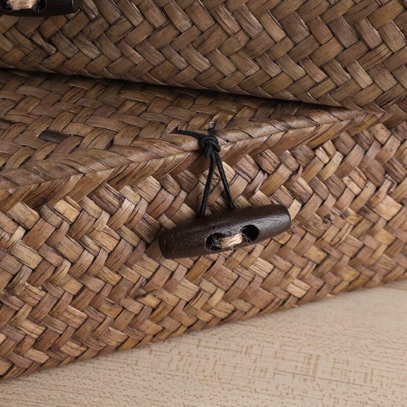Hipiwe Set of 2 Flat Woven Wicker Storage Bins with Lid Natural Seagrass Basket Multipurpose Home Boxes for Shelf Organizer (Coffee) - Image 3