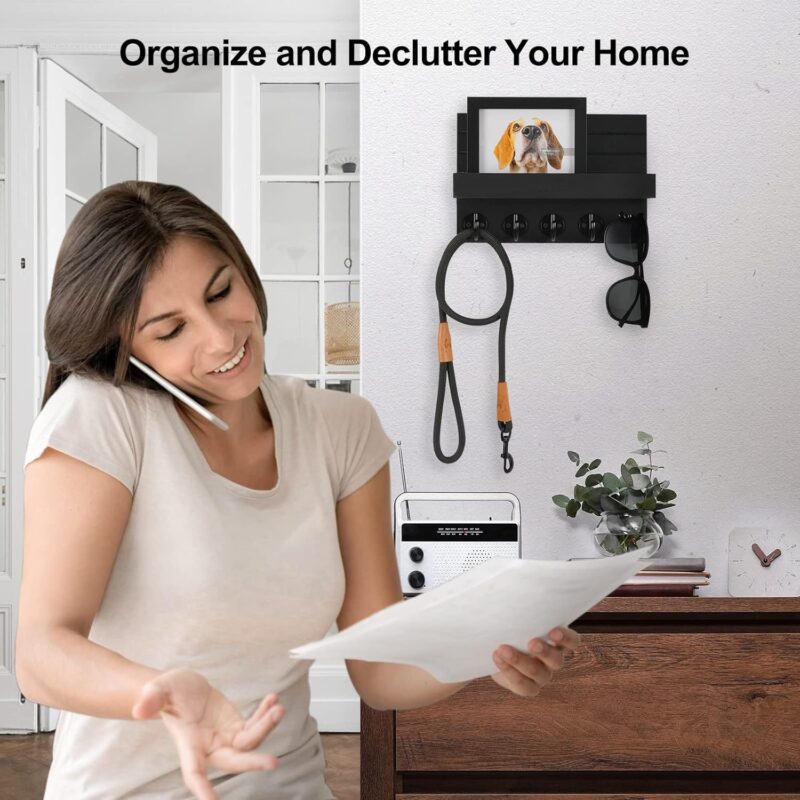 Key Holder for Wall, Decorative Key and Mail Holder with Shelf Has Large Hooks for Bags, Coats, Umbrella – Paulownia Wood Key Hanger with Mounting Hardware (9.8”W x 6.7”H x 4.2”D) - Image 6