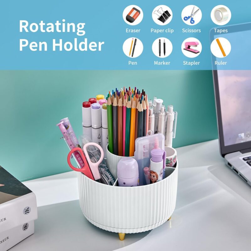 Marbrasse Desk Organizer, 360-Degree Rotating Pen Holder for Desk, Desk Organizers and Accessories with 5 Compartments Pencil Organizer, Art Supply Storage Box Caddy for Office, Home （White） - Image 3