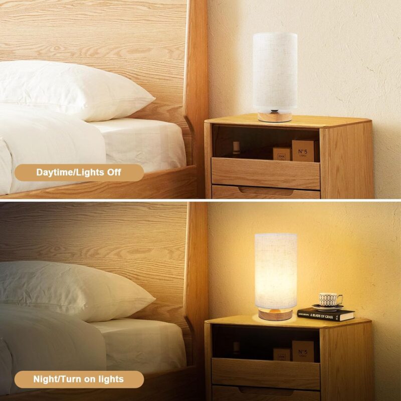 Small Bedside Table Lamp for Bedroom, Minimalist Wood Base & Round Fabric Shade, Mini Cute Cozy Warm White Nightstand Boho Lamp, Study Desk Night Stand Light for Room, Dorm, Nursery, Living Room - Image 5