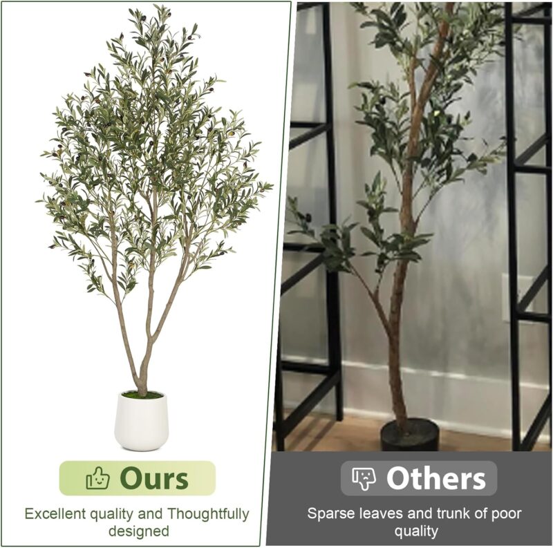 Olive Trees Artificial Indoor, 6FT Tall Faux Olive Tree with White Tall Planter, Artificial Plants with Natural Wood Trunk and Lifelike Fruits for Home Office Decor - Image 5