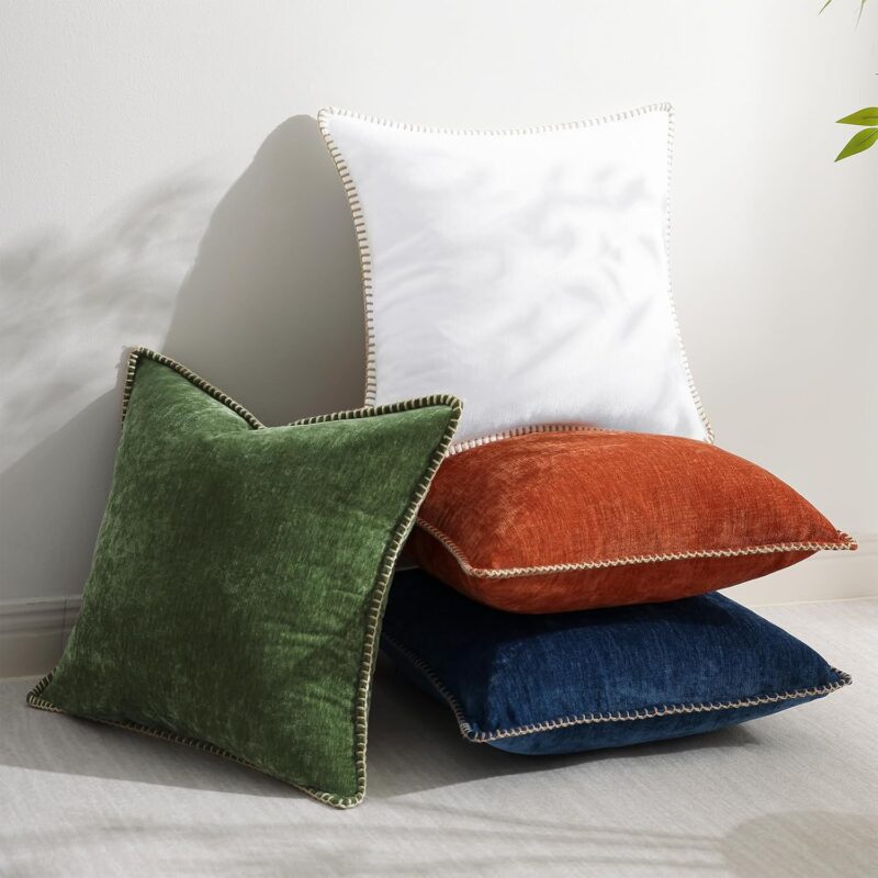 decorUhome Chenille Soft Spring Throw Pillow Covers 18x18 Set of 2, Farmhouse Velvet Decorative Pillow Covers with Stitched Edge for Couch Sofa Bed, Forest Elf - Image 4