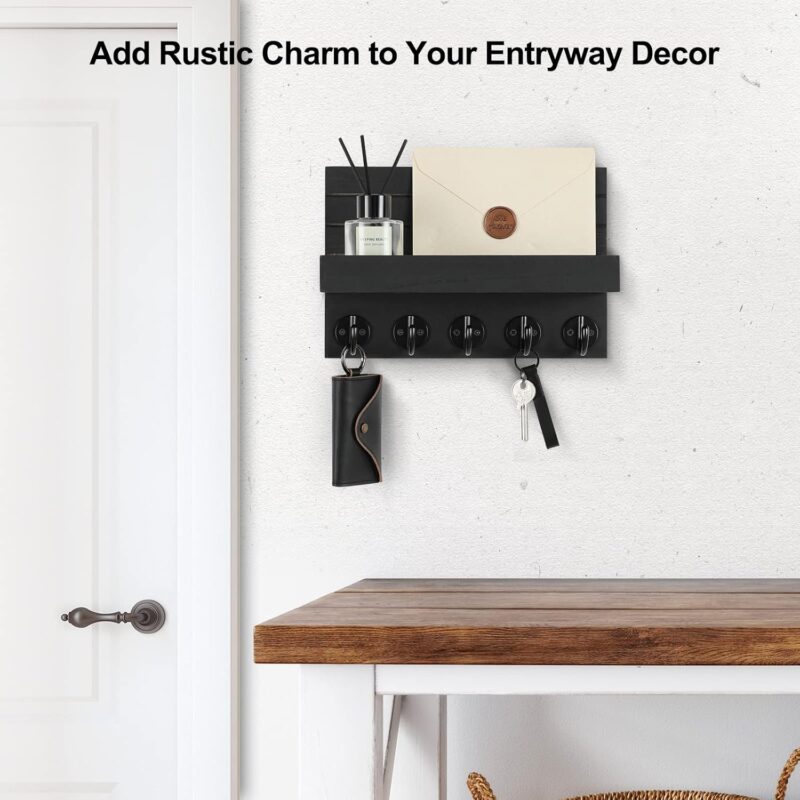Key Holder for Wall, Decorative Key and Mail Holder with Shelf Has Large Hooks for Bags, Coats, Umbrella – Paulownia Wood Key Hanger with Mounting Hardware (9.8”W x 6.7”H x 4.2”D) - Image 4