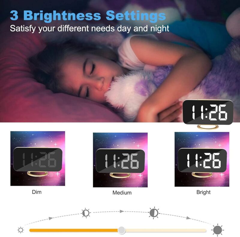 SZELAM Digital Alarm Clock,LED and Mirror Desk Clock Large Display,with Dual USB Charger Ports,3 Levels Brightness,12/24H,Modern Electronic Clock for Bedroom Home Living Room Office - Gold - Image 3