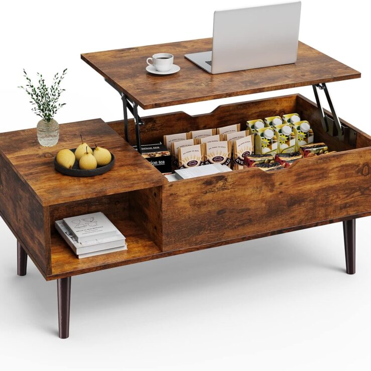 Sweetcrispy Coffee Table, Lift Top Coffee Tables for Living Room, Small Rising Wooden Dining Center Tables with Storage Shelf and Hidden Compartment, Brown