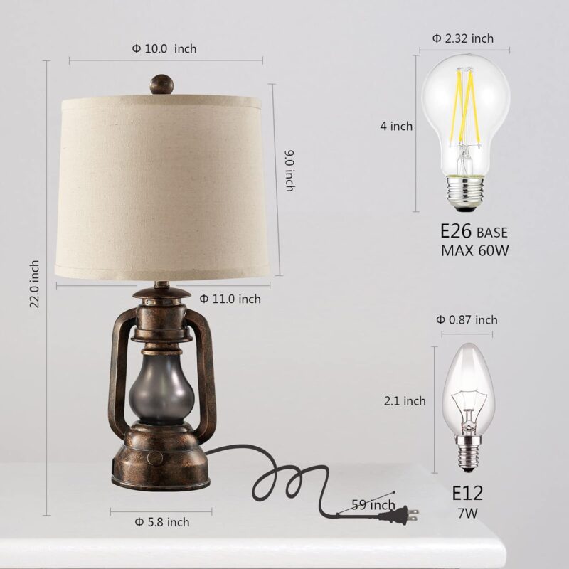 RORIANO Farmhouse Lantern Table Lamps for Living Room Set of 2, Vintage Bedroom Resin Lamp with Dual USB Charging Ports, Rustic Retro Bedside Nightstand Desk Lamp, Linen Fabric Shade, 4 Bulb Included - Image 6