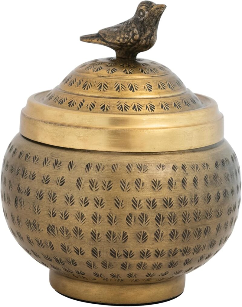 Creative Co-Op, Brass Round Hammered Metal Container with Bird Finial, Finish - Image 8