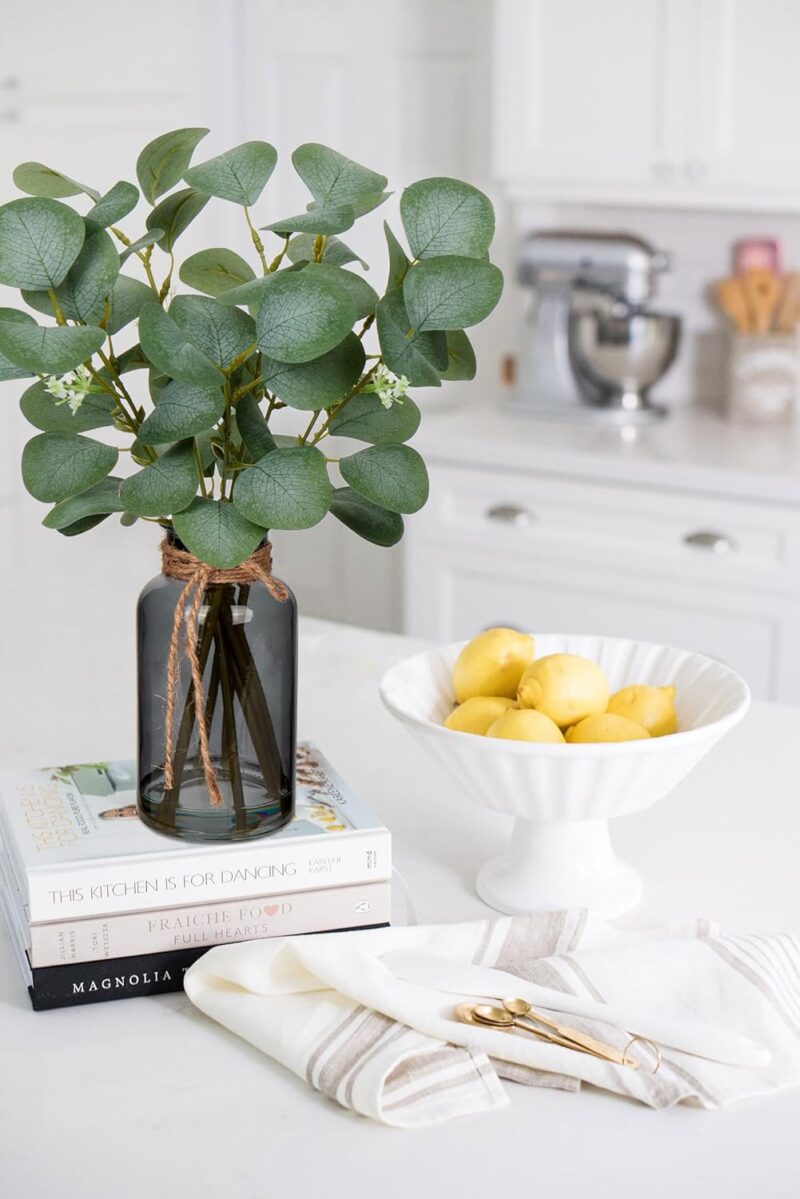 Briful Artificial Eucalyptus Stems in Black Glass Vase with Faux Water, 14" Fake Plant Eucalyptus Leaves for Home Office Farmhouse Wedding Centerpiece Décor - Image 4