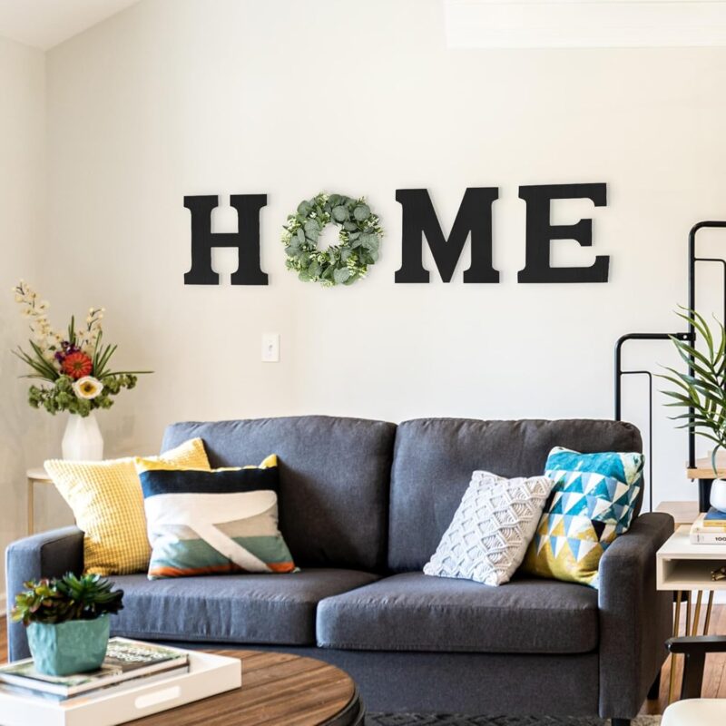 Wood Home Sign with Artificial Eucalyptus Wreath for O, Hanging Farmhouse Wall House Decor Wood Home Letters for Wall Art Rustic Home Decor, Home Wall Decor for Living Room Kitchen Entryway (Black) - Image 7