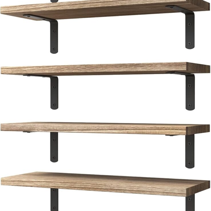 WOPITUES Wood Floating Shelves Set of 6, Shelves for Wall Decor, Farmhouse Shelf for Bedroom, Bathroom Storage Shelves, Book Shelves for Living Room - Rustic Brown