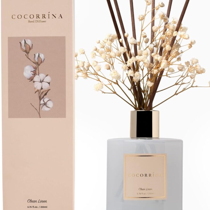 Cocorrína Reed Diffuser Set, 6.7 oz Clean Linen Scented Diffuser with Sticks Home Fragrance Reed Diffuser for Bathroom Shelf Decor