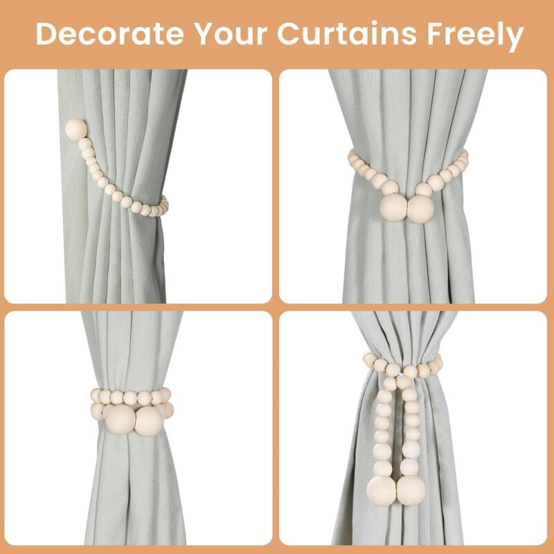 Magnetic Curtain Tiebacks, Curtain Tie Backs for Curtains 2 Pack, Wood Bead Curtain Tiebacks, Curtain Holders for Boho Bedroom Decor, Baby Nursery Decor, Farmhouse Decor - Image 4