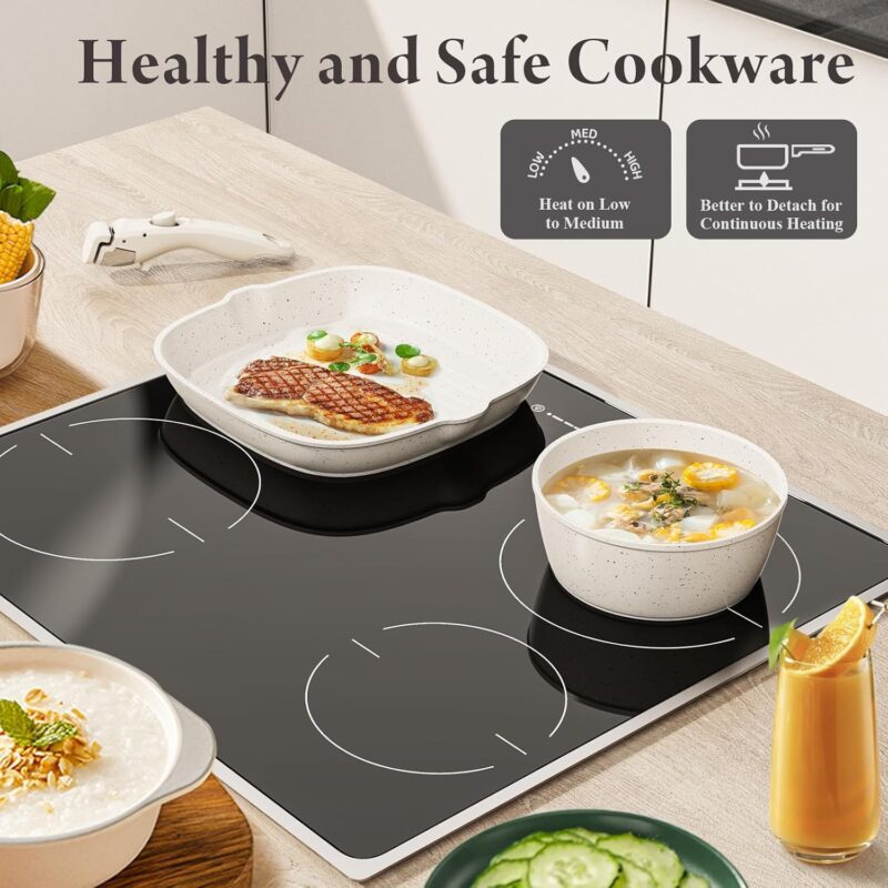 19 Pcs Pots and Pans Set Non Stick Ceramic Cookware Set with Removable Handles, Non Toxic Induction Kitchen Cookware Sets RV Cookware,Dishwasher/Oven Safe PFAS/PTFE/PFOA Free Cream White - Image 4