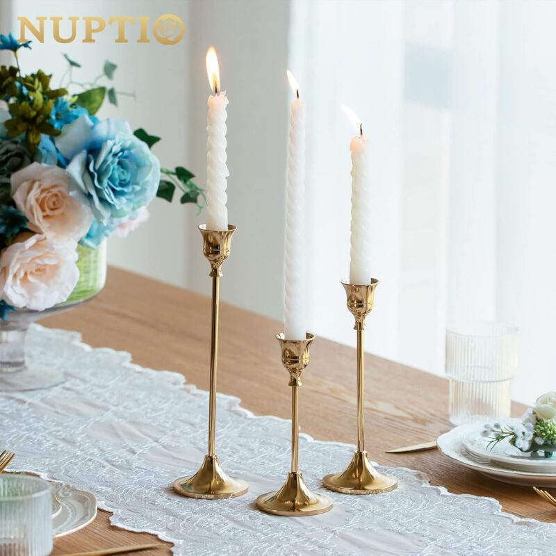 Candlestick Holders Taper Candle Holders, Set of 3 Candle Stick Holders Set, Brass Gold Candlestick Holder Set, Vintage Modern Decorative Centerpiece for Table Mantel Wedding Housewarming Gift - Image 3