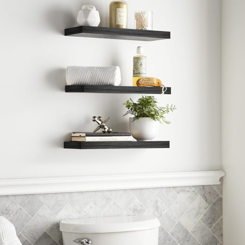 BAYKA Floating Shelves for Wall, Wall Mounted Rustic Wood Shelves for Bathroom, Bedroom, Living Room, Kitchen, Hanging Shelf for Books/Storage/Room Decor with 22lbs Capacity (Black, Set of 3, 15.7in) - Image 5