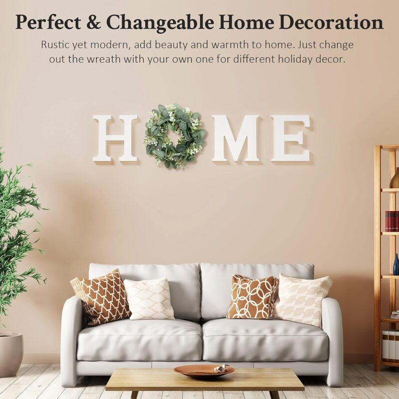 Wood Home Sign for Wall Decor Wooden Home Letters with Wreath Artificial Eucalyptus Modern Decorative Hanging Decor Farmhouse Home Sign for Living Room Kitchen Housewarming Decoration Christmas Gifts - Image 2