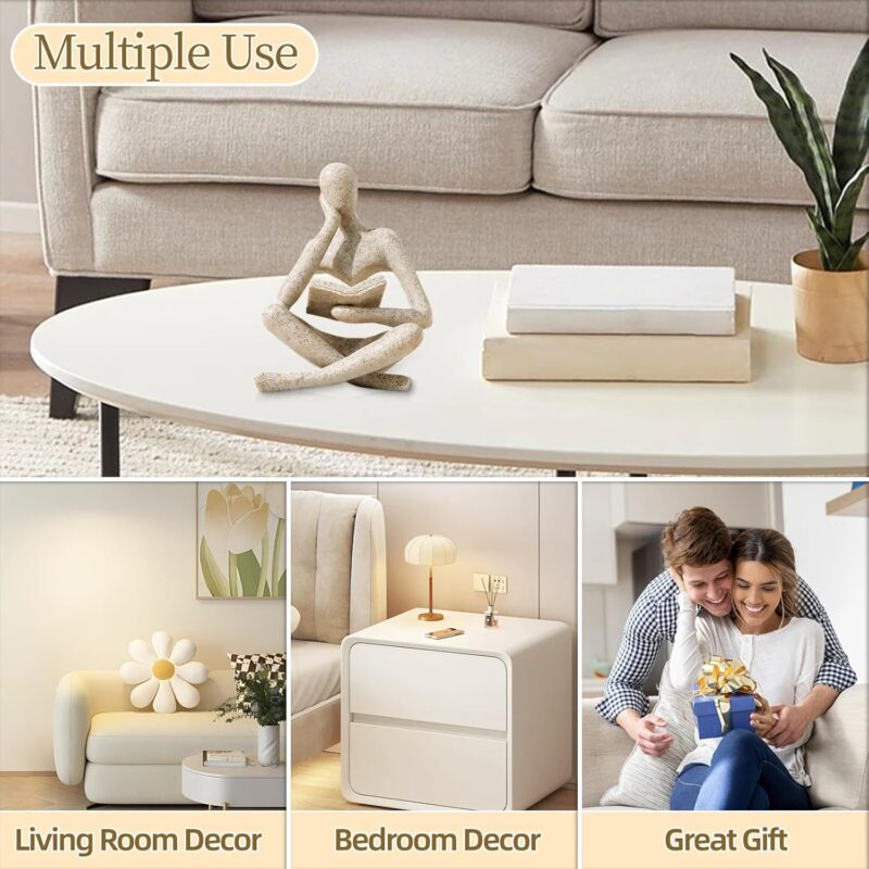 Bookshelf Decor Thinker Statue - Abstract Art Reading Thinker Sculpture Figurine Aesthetic, Modern Home Decoration for Living Room Office Shelves Coffee Table Desk Decor(Beige) - Image 6