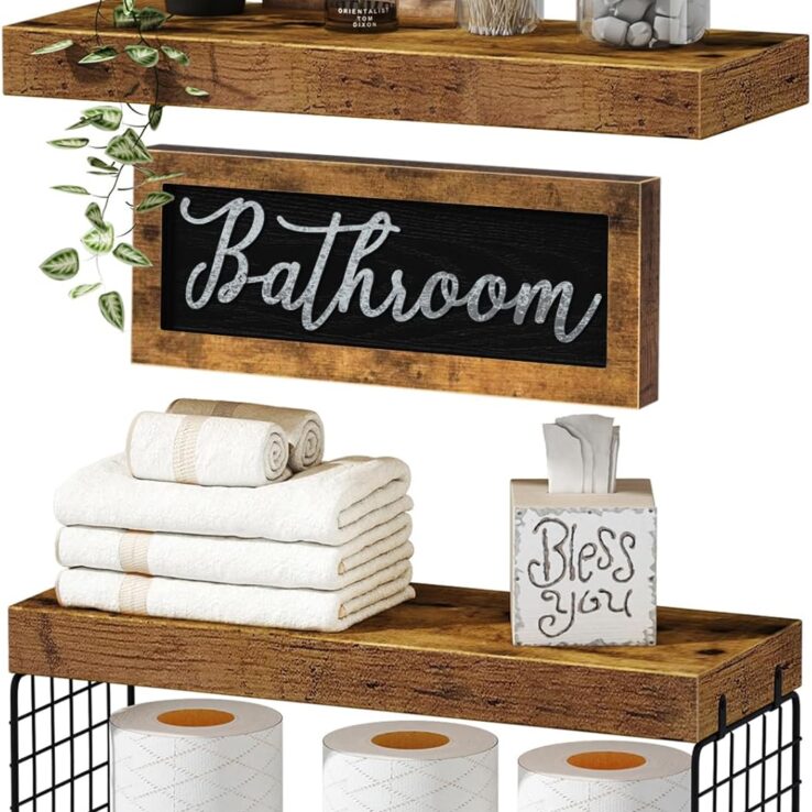 QEEIG ‎Bathroom Shelves Over Toilet - Paper Storage Wall Mounted Farmhouse Decor Decorations Aesthetic Décor Sign Small Floating Shelf 2+1 Set 16 inch, Rustic Brown (020BN)