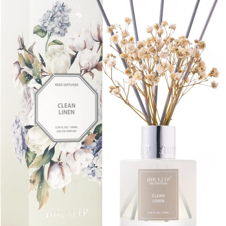 Airkeep Reed Diffuser Set,3.38 fl oz (100 ml) - Clean Linen Oil Diffusers with 8 Reed Sticks,Home Fragrance Reed Diffuser for Bathroom Shelf Decor