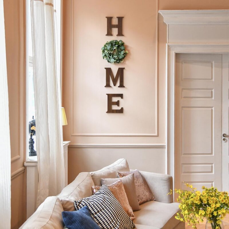 Mkono Farmhouse Wall Home Sign with Artificial Eucalyptus for O Rustic Wooden Hanging Letters Decorative Wall Art Decor for Living Room Kitchen Entryway Housewarming Gift, Brown - Image 2
