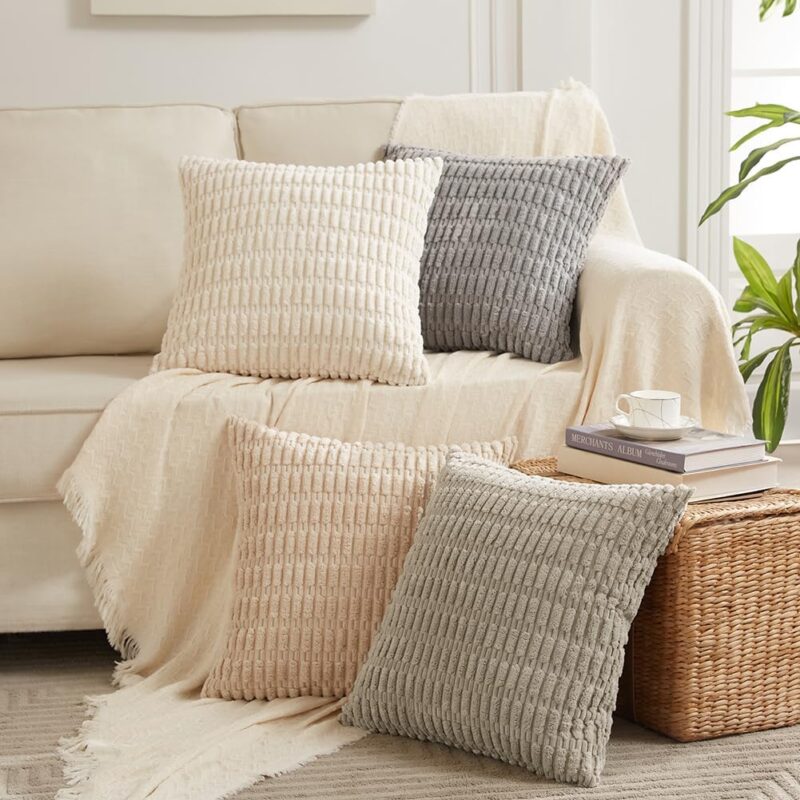 Fancy Homi 4 Packs Neutral Decorative Throw Pillow Covers 18x18 Inch for Living Room Couch Bed Sofa, Rustic Farmhouse Boho Home Decor, Soft Plush Striped Corduroy Square Cushion Case 45x45 cm - Image 7